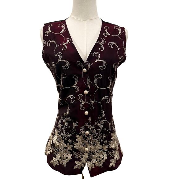 Vintage Cindy Collins Embroidered Vest Burgundy Black Floral Pearl Buttons M - Picture 1 of 8